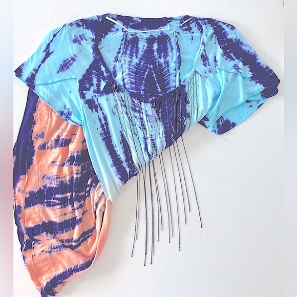 Free people tie-dye chain detail tunic top a butterfly sleeve Jersey knit M - Picture 13 of 13